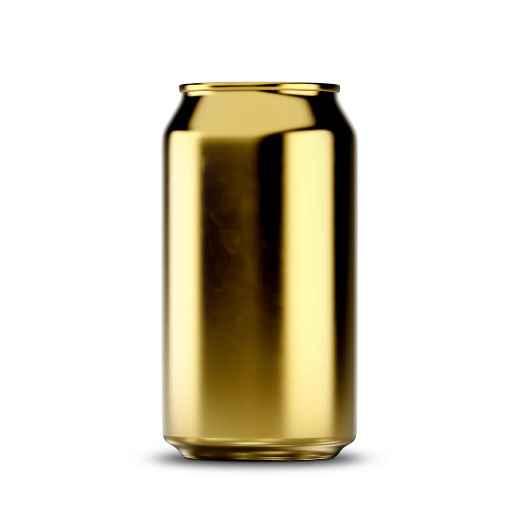 375ml classic can mockup template – gold chrome finish, blank label area | Photoshop PSB | SIDEPEACE